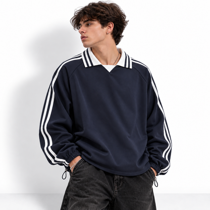 Contrast Striped Lapel Collar Sweatshirt