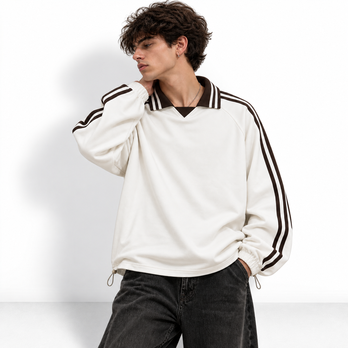 Contrast Striped Lapel Collar Sweatshirt