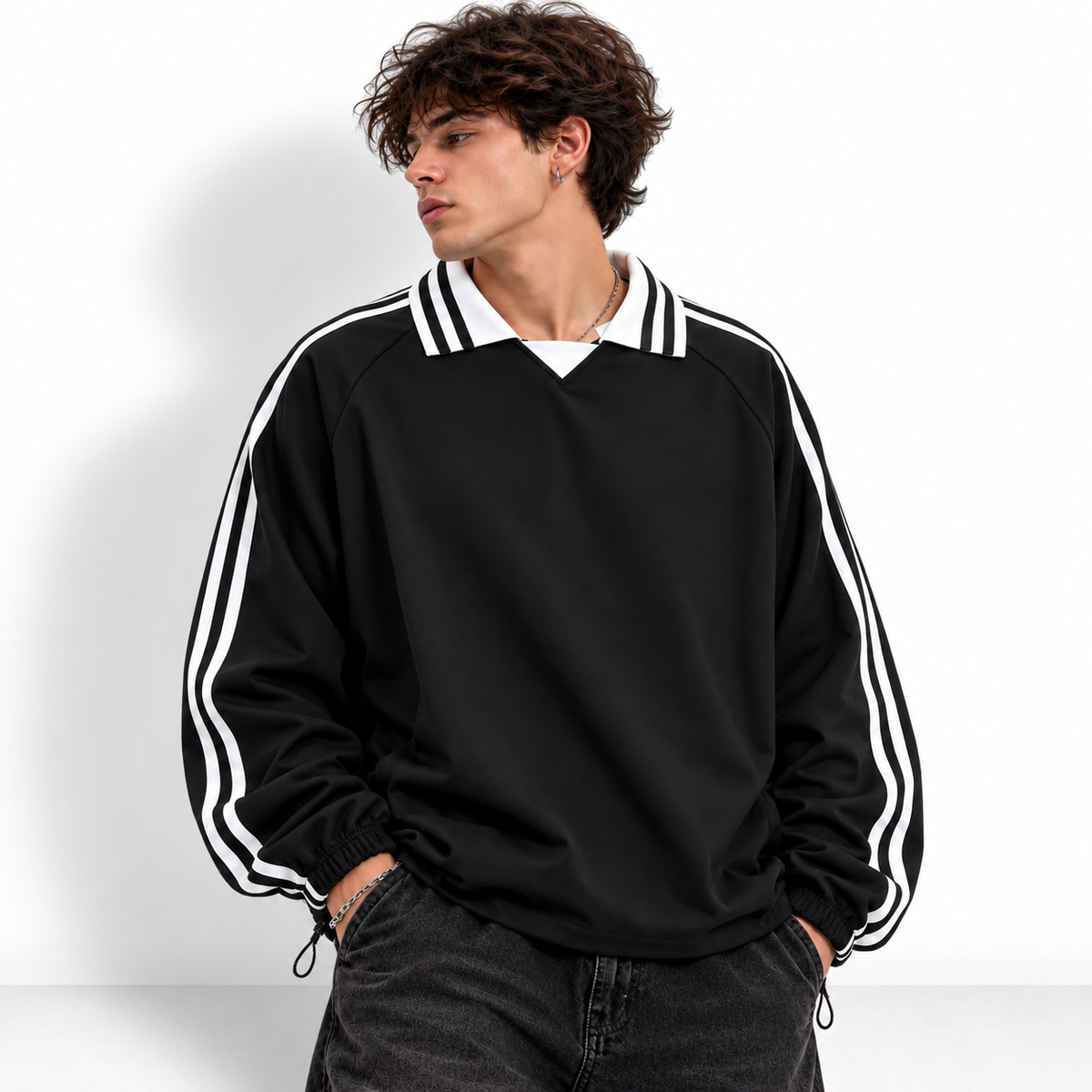 Contrast Striped Lapel Collar Sweatshirt